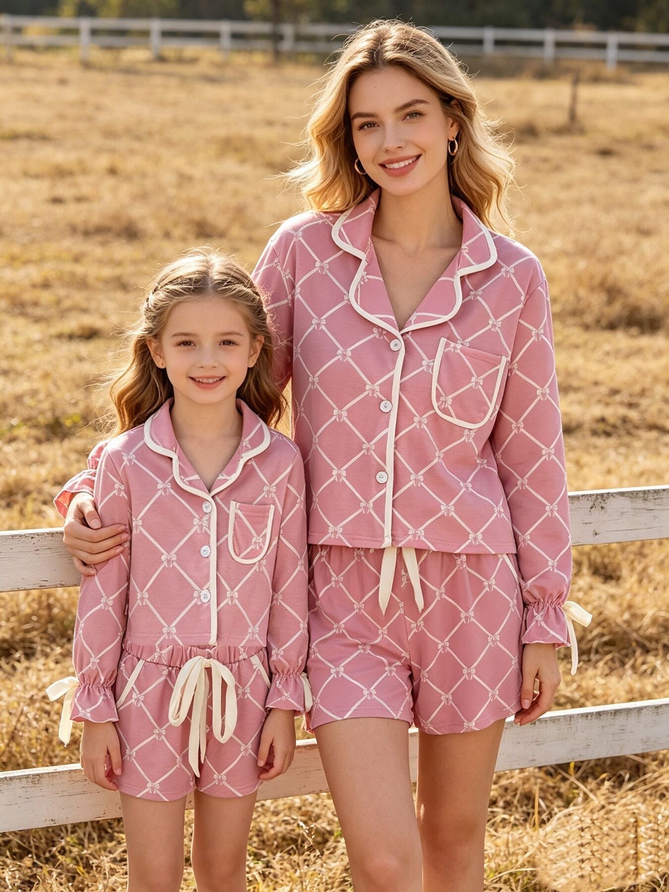 Mommy & me Autumn Check Bow Girls Lapel Pajamas
