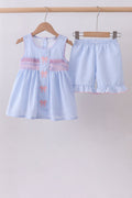 Blue seersucker bow smocked ruffle shorts set