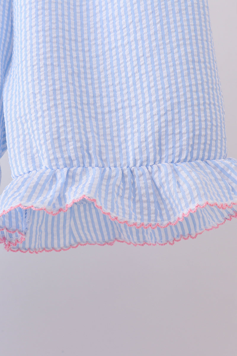Blue seersucker bow smocked ruffle shorts set