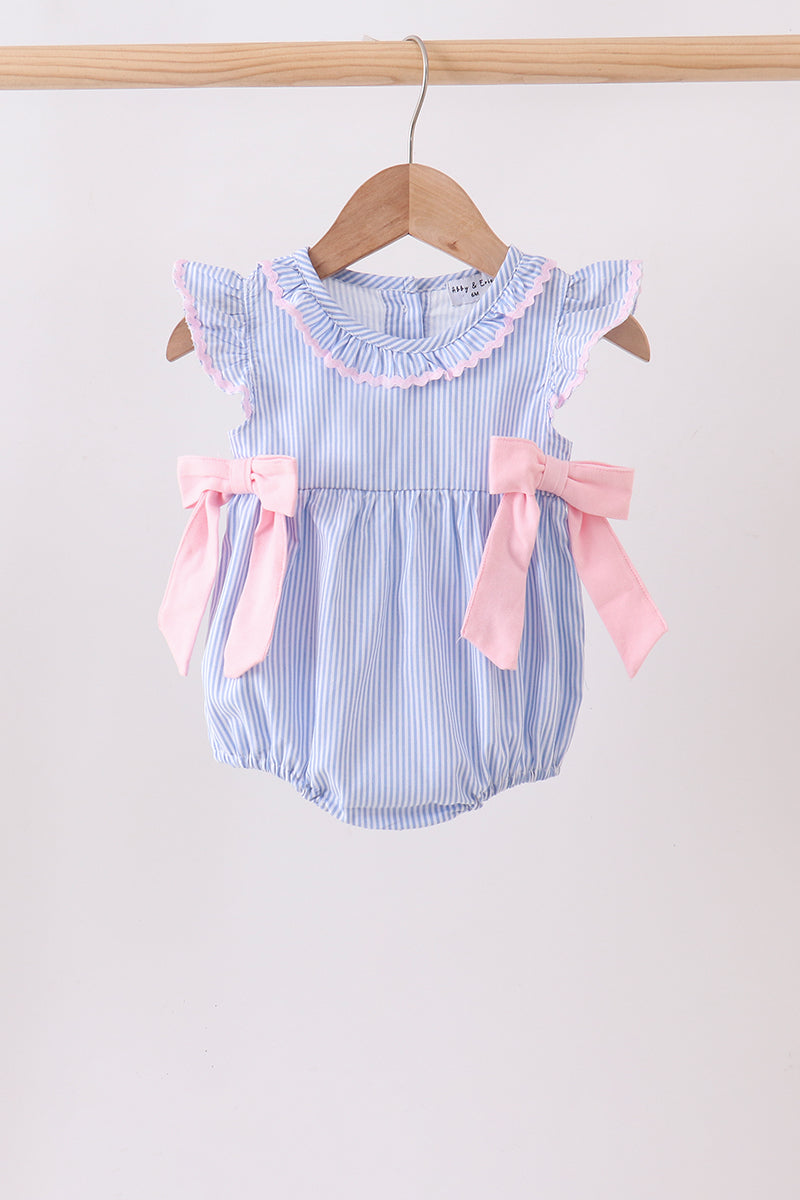 Blue Stripe Bow Seersucker Ruffle Bubble