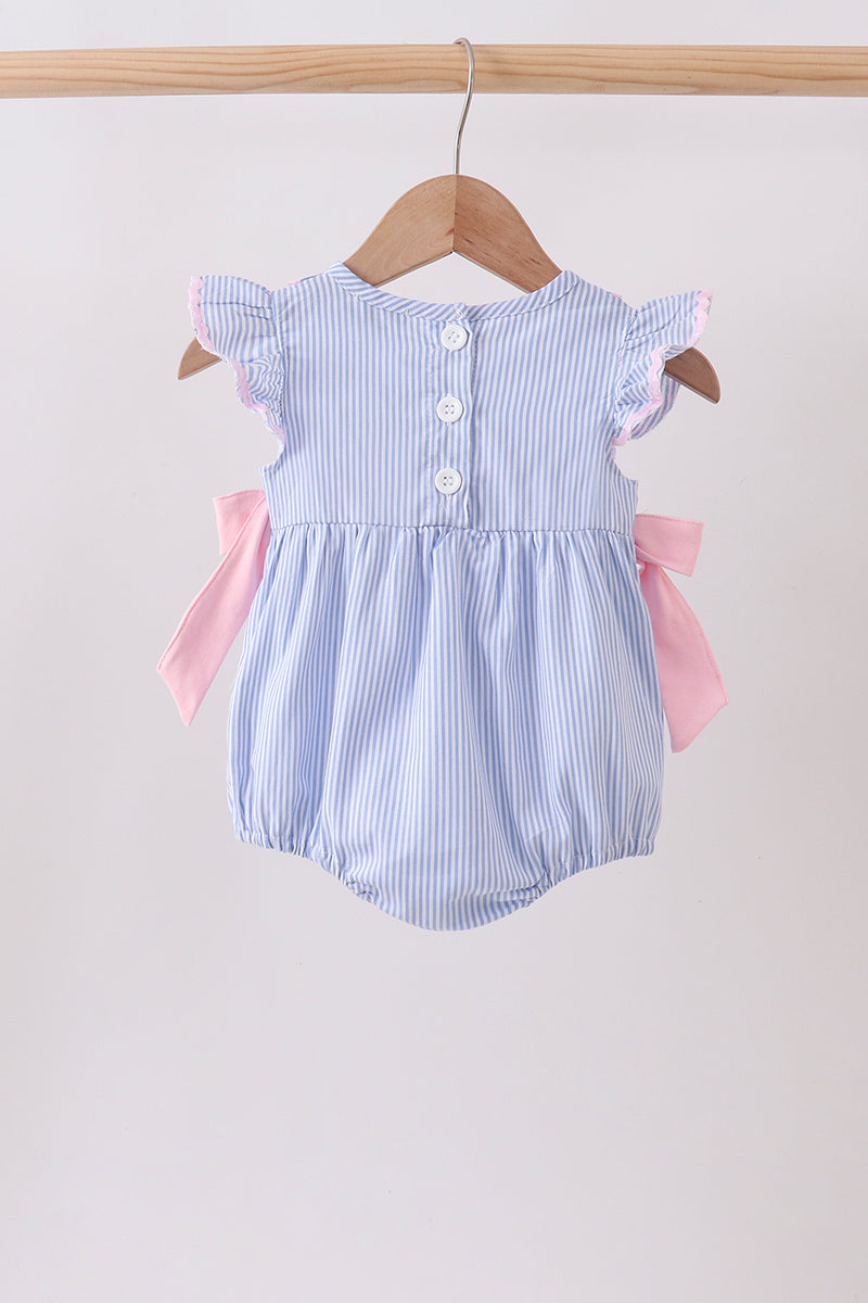 Blue Stripe Bow Seersucker Ruffle Bubble