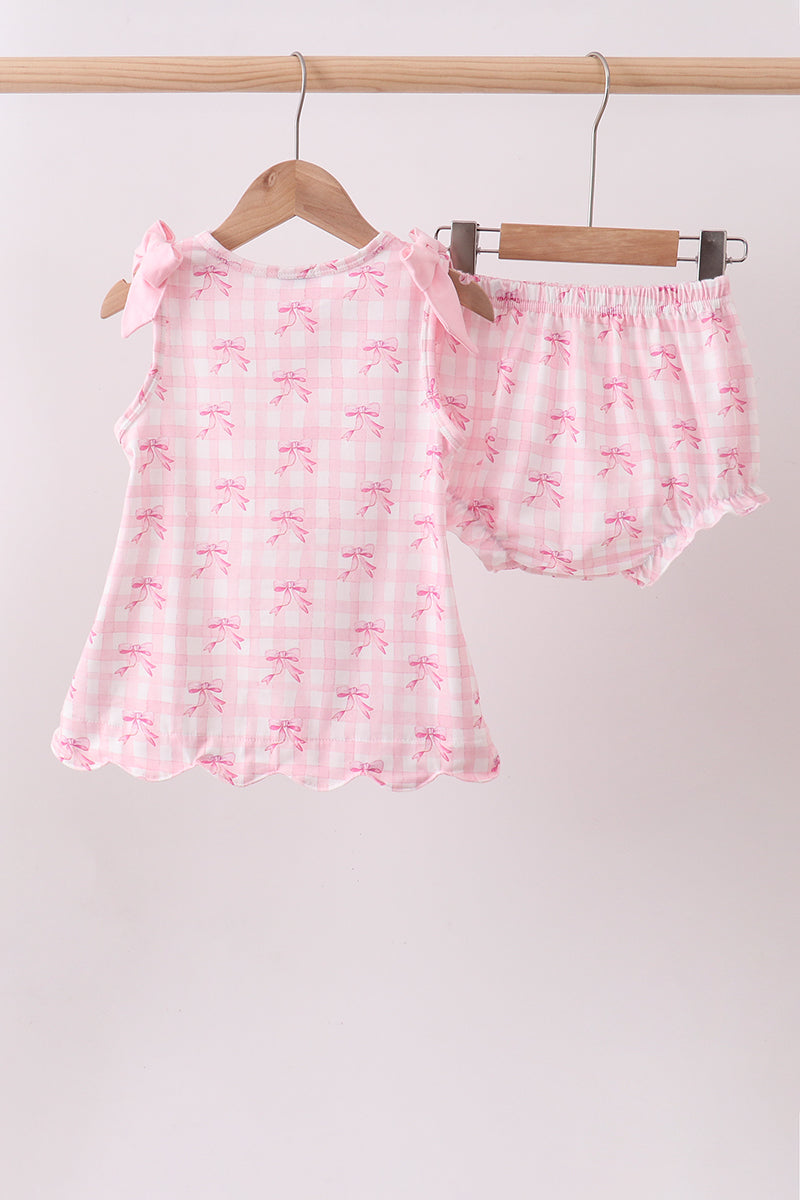Pink bow print scalloped bloomer set