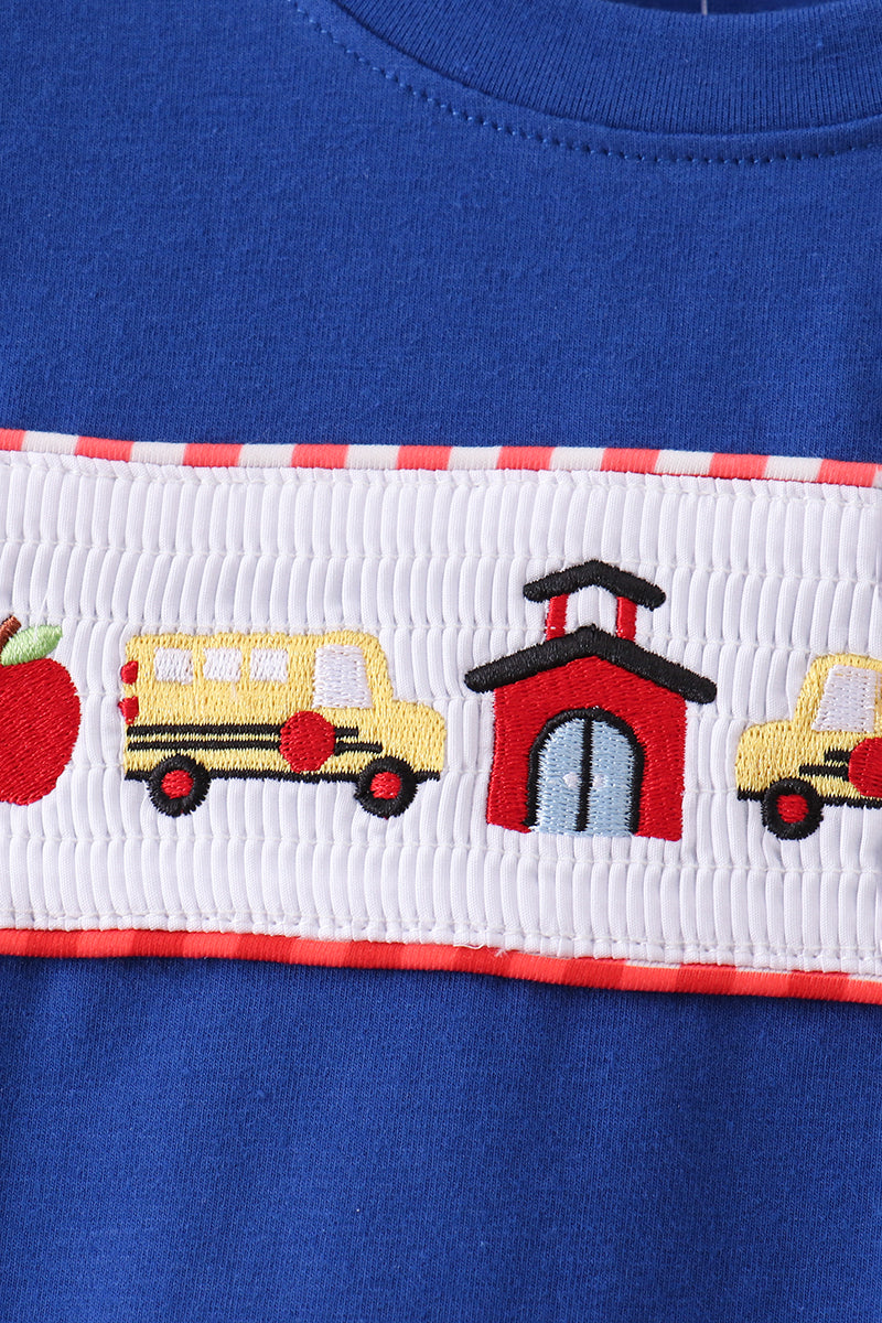 Navy School Bus Smocked Gingham Shorts Set
