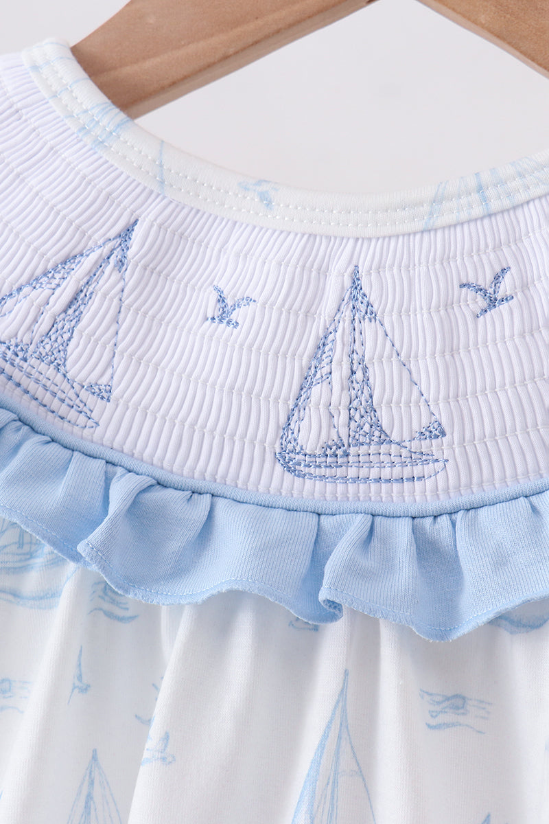 Blue Sailboat Smocked Ruffle Bubble