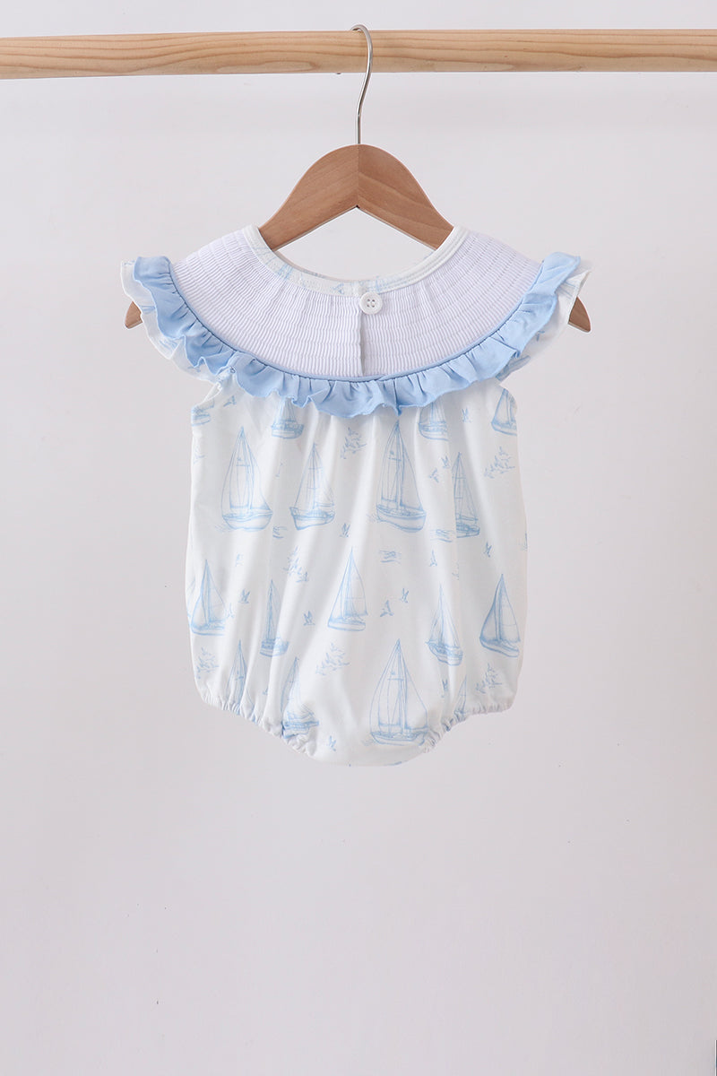 Blue Sailboat Smocked Ruffle Bubble