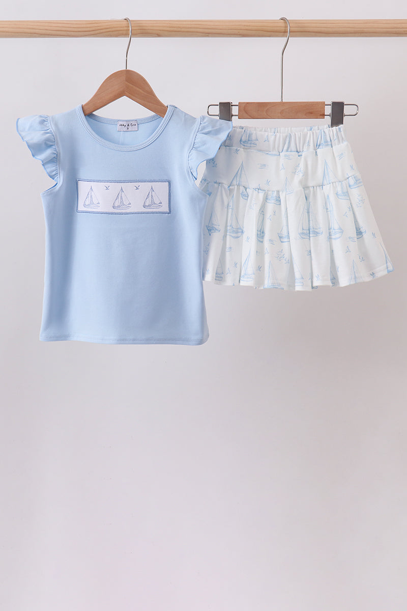 Blue Sailboat Embroidered Skorts Set