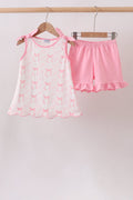 Pink Bow Print Ruffle Shorts Set
