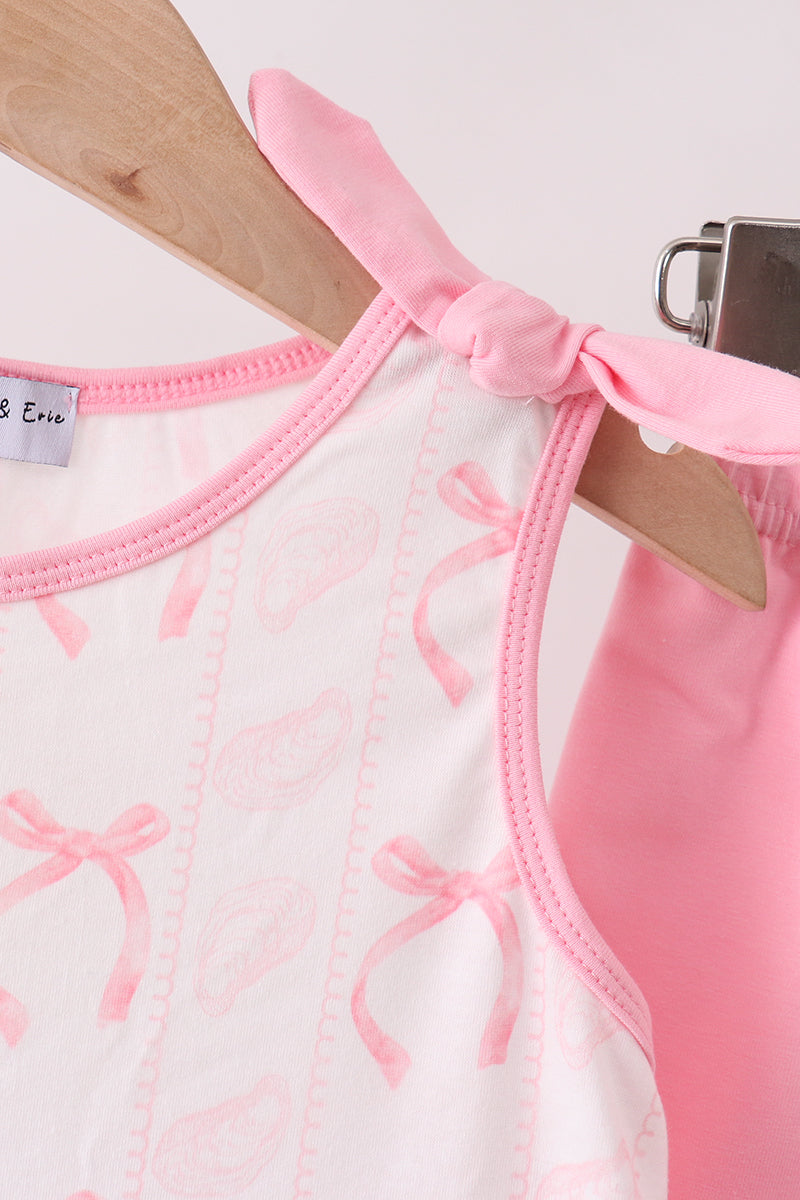 Pink Bow Print Ruffle Shorts Set