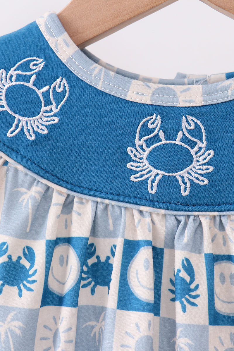 Blue Crab Embroidered Checkered Ruffle Bubble