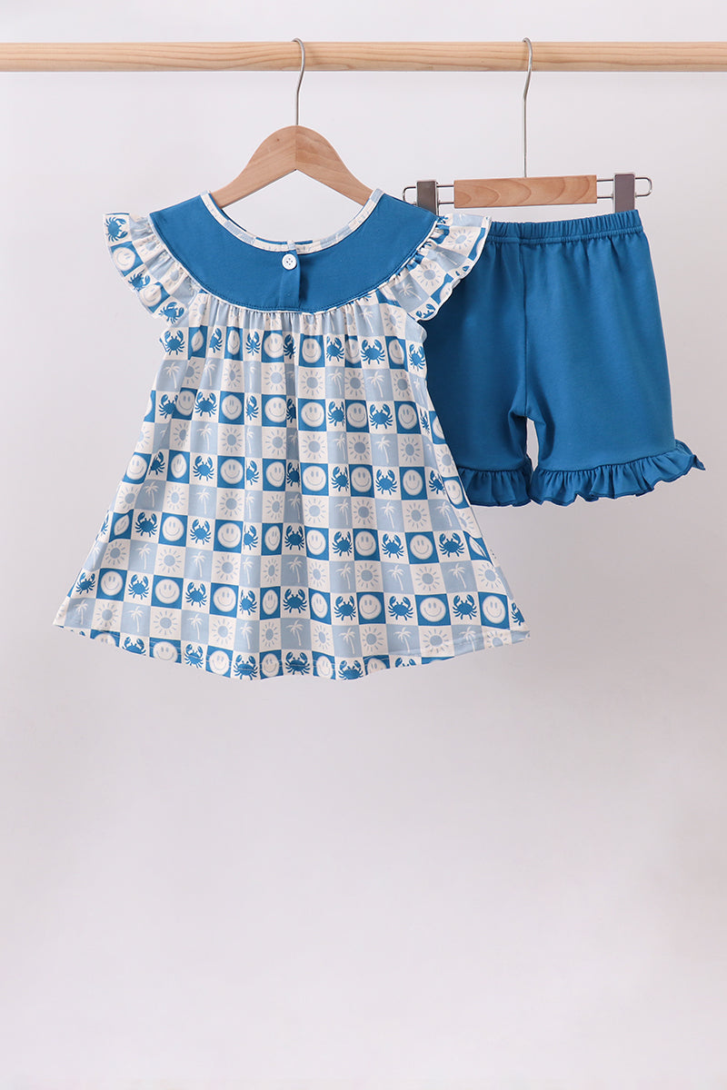 Blue Crab Embroidered Checkered Ruffle Shorts Set
