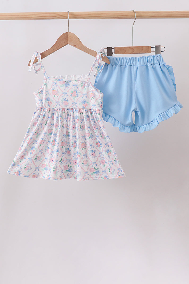 Blue Floral Smocked Ruffle Shorts Set