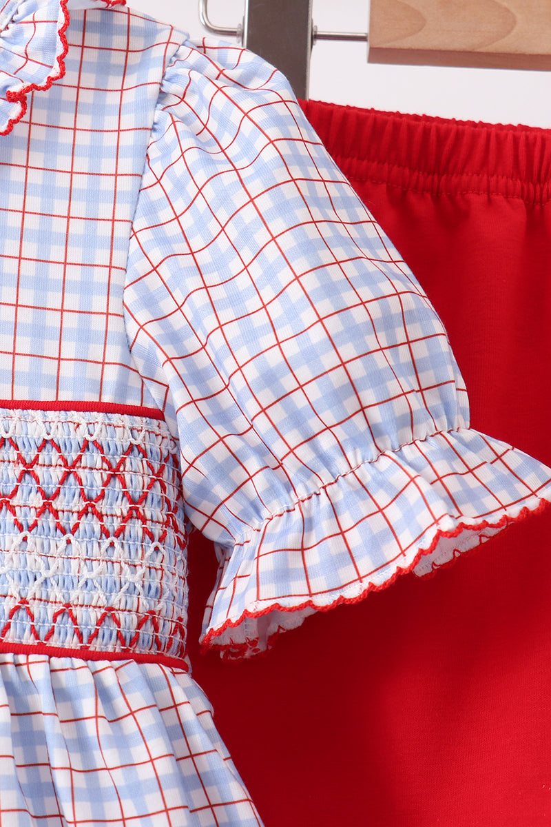 Blue Apple Embroidered Plaid Ruffle Shorts Set
