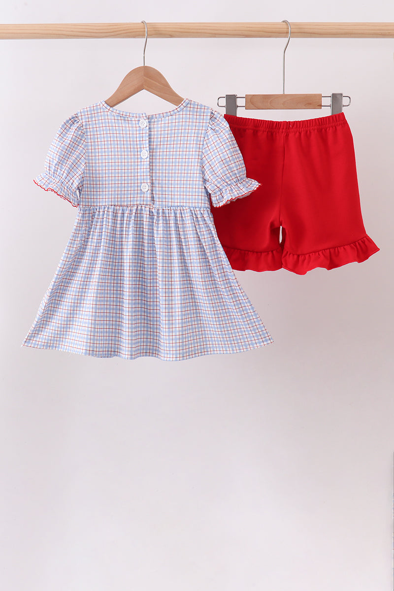 Blue Apple Embroidered Plaid Ruffle Shorts Set