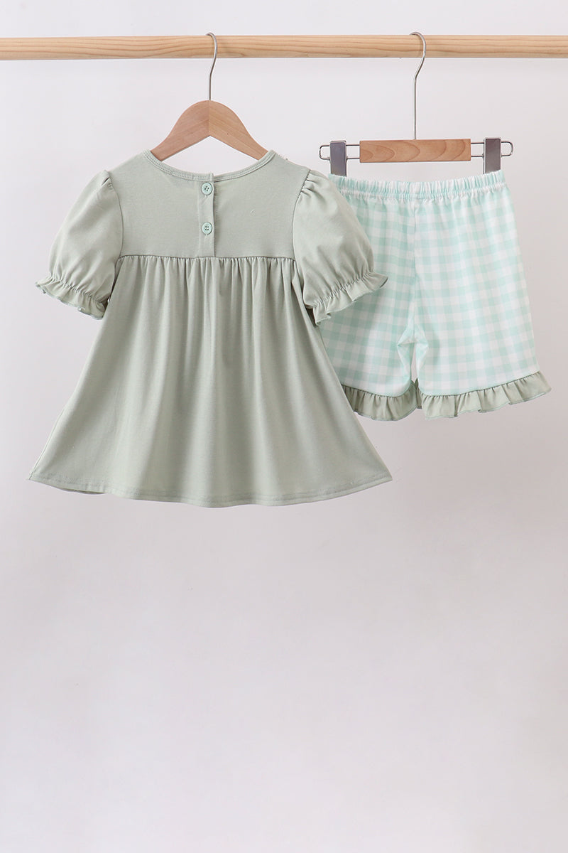 Green football french knot gingham ruffle shorts set