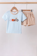 Blue Puppy Ball Embroidered Stripe Shorts Set