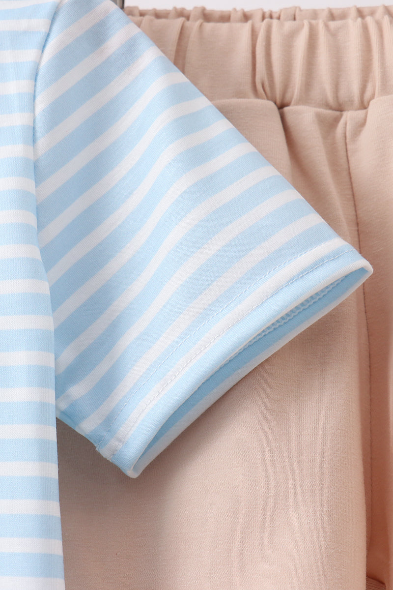 Blue Puppy Ball Embroidered Stripe Shorts Set