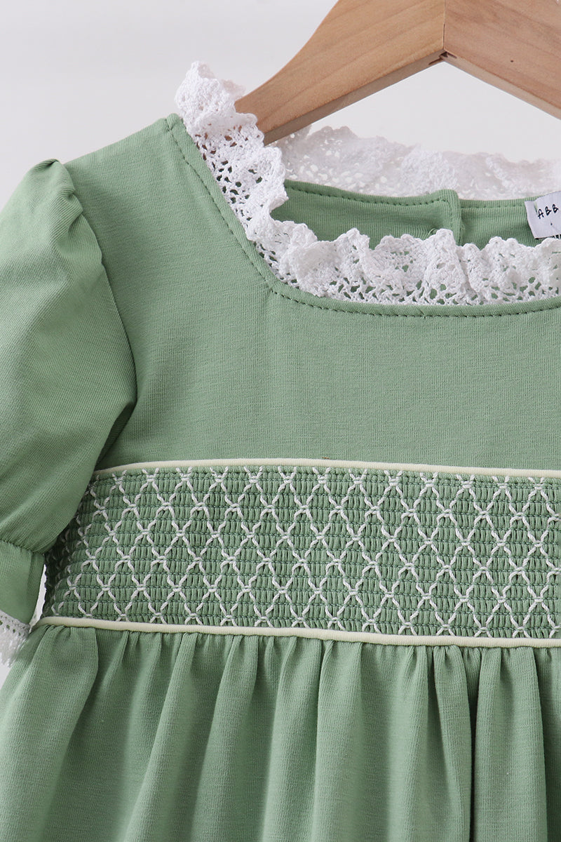 Sage collar smocked lace dress