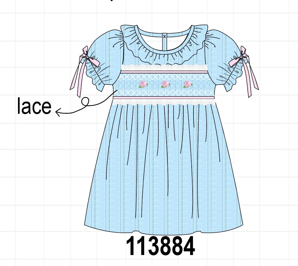 Blue Floral Smocked Lace Ruffle Dress