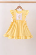 Mustard character embroidery ruffle dress