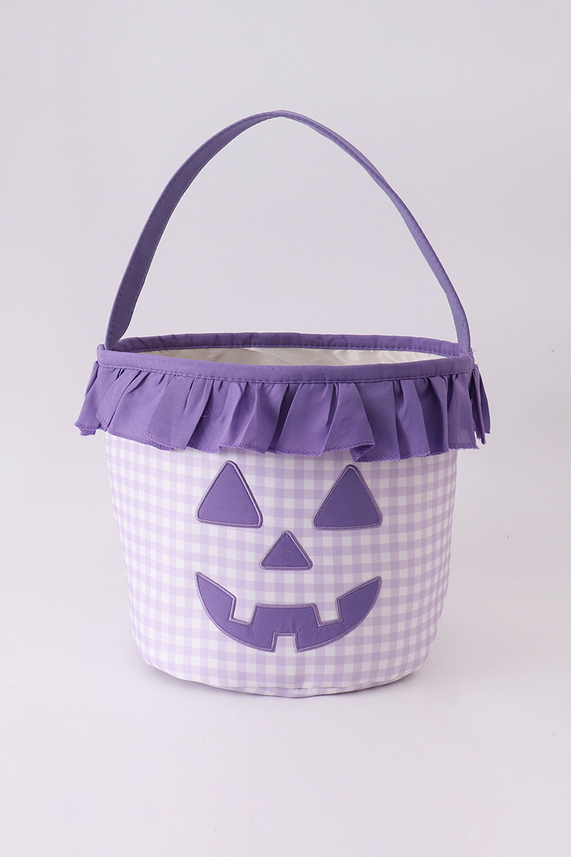Purple Pumpkin Applique Gingham Ruffle Basket