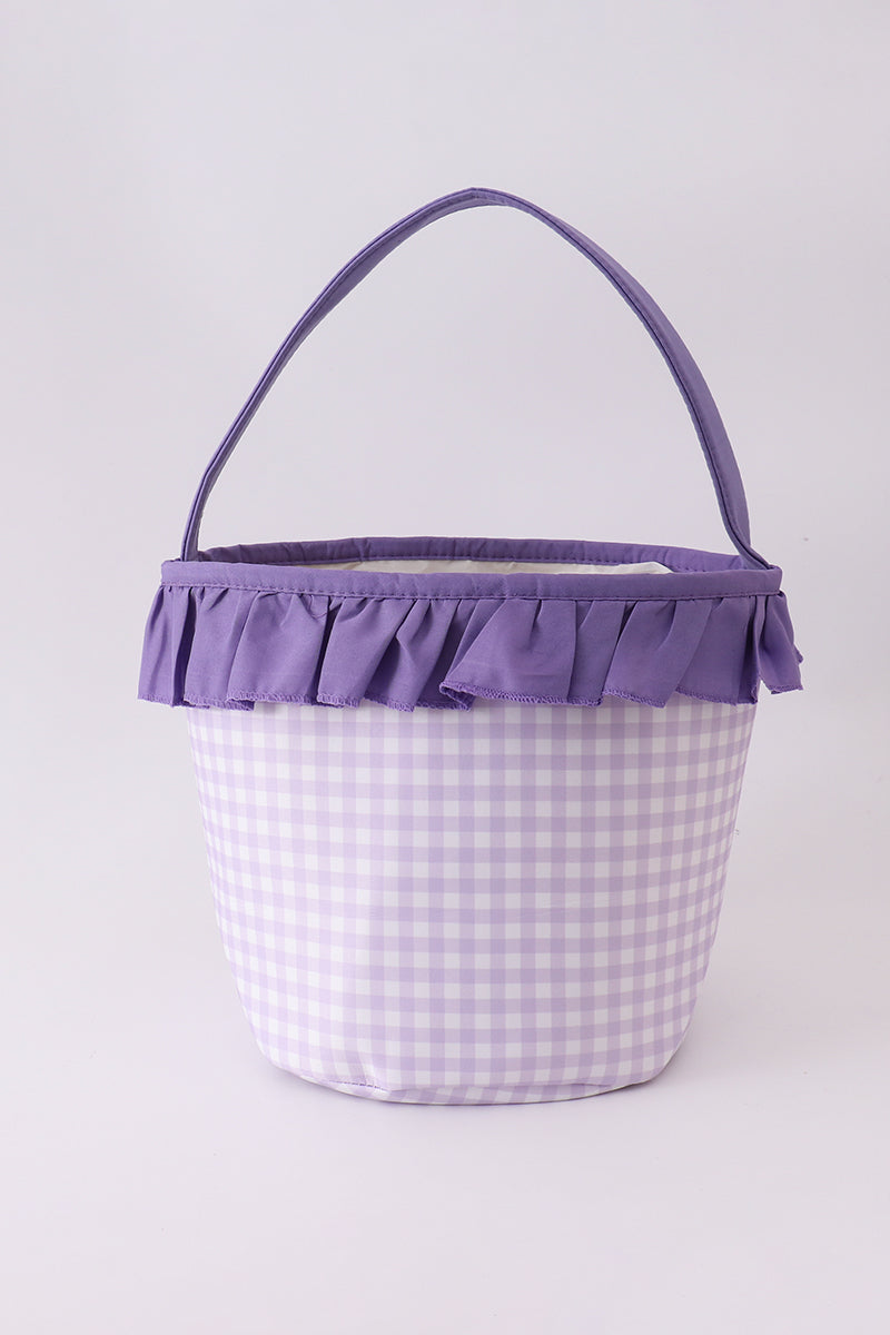 Purple Pumpkin Applique Gingham Ruffle Basket