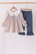 Floral smocked lace ruffle pants set