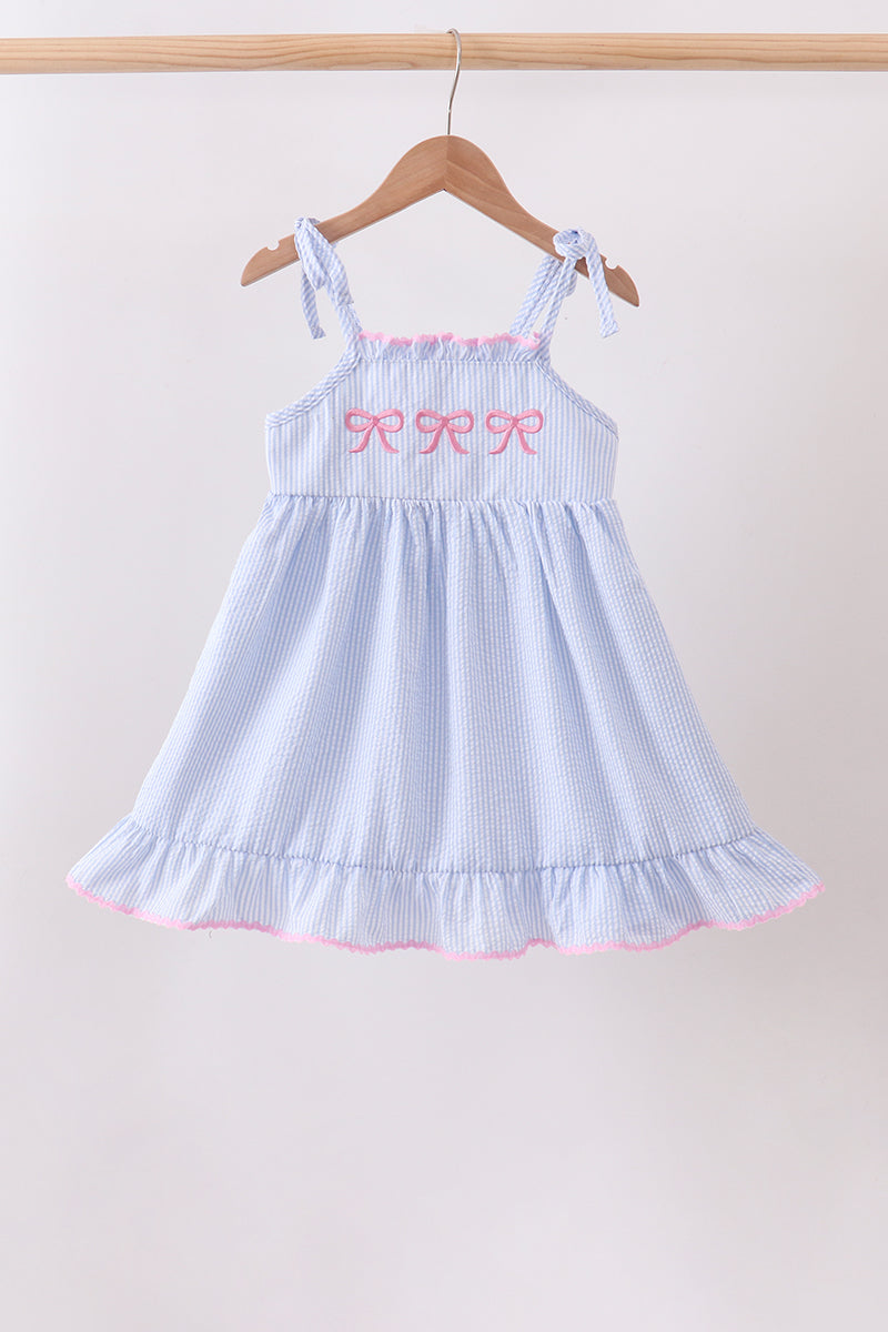 Blue Bow Embroidered Stripe Ruffle Dress
