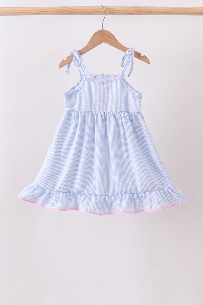 Blue Bow Embroidered Stripe Ruffle Dress