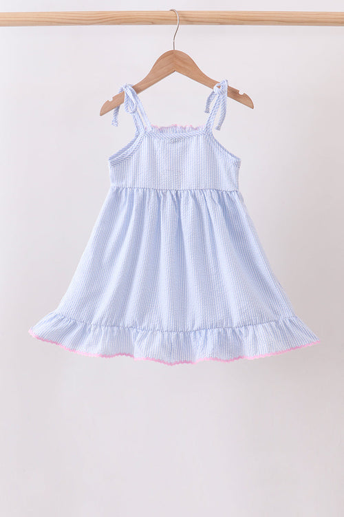 Blue Bow Embroidered Stripe Ruffle Dress