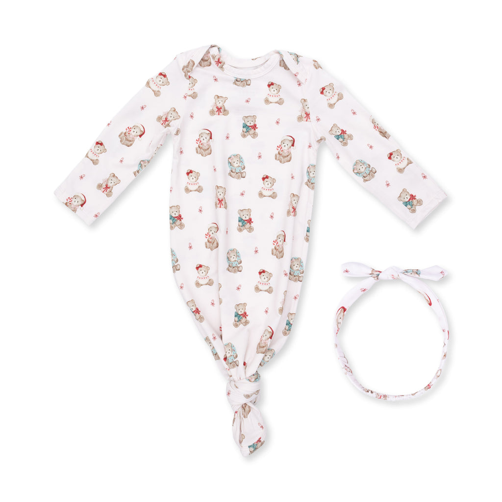 Christmas Teddy Bears Pink - Bamboo - Knotted Gown and Knotted Headband