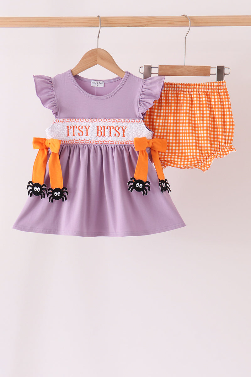 Purple spider smocked ruffle bloomer set