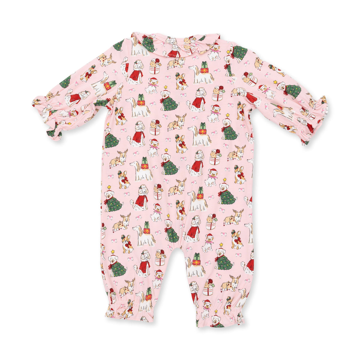 Christmas Dogs Pink - Bamboo - Long Sleeve Ruffle Collar Romper
