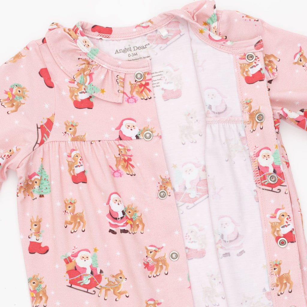 Vintage Reindeer & Santa Pink - Bamboo - Bamboo - Long Sleeve Ruffle Collar Romper