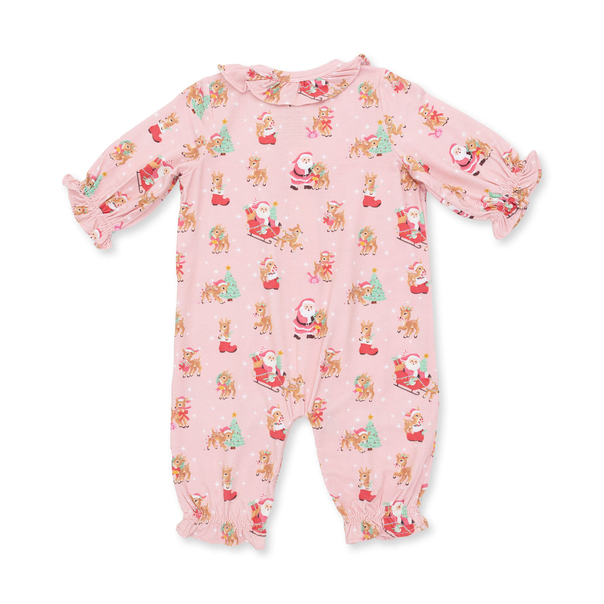 Vintage Reindeer & Santa Pink - Bamboo - Bamboo - Long Sleeve Ruffle Collar Romper