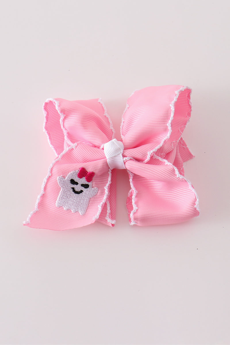 Pink ghost embroidery crochet edge hair bow