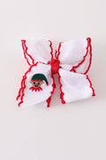White snowman embroidery crochet edge hair bow
