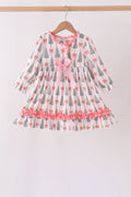 Pink Christmas Tree Bow Ruffle Dress