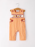 Fall Turkey Embroidered Romper for Baby Boys – Orange Checkered with Thanksgiving Details