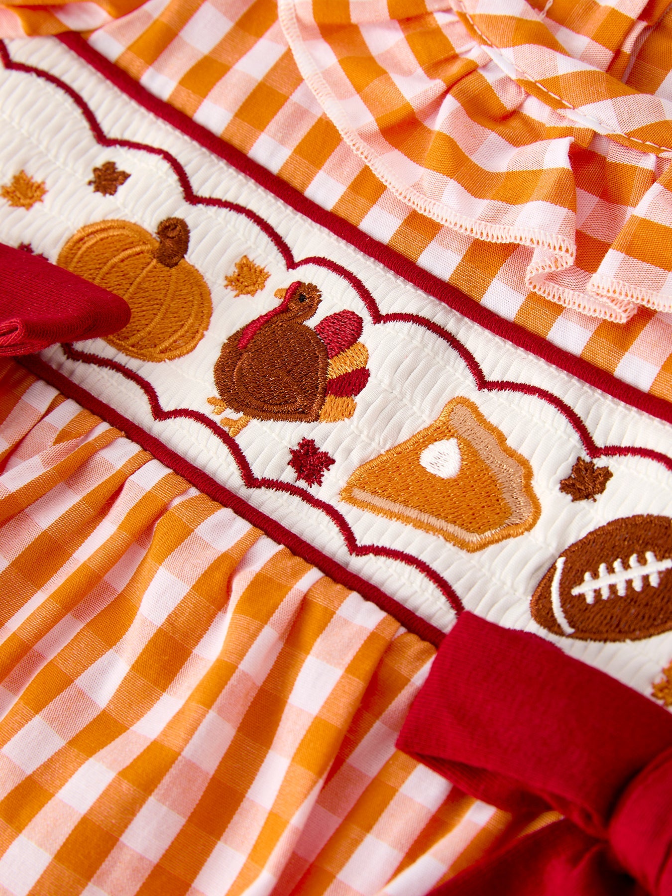 Turkey Fall Embroidered Romper for Baby Girls – Orange Checkered with Thanksgiving Details