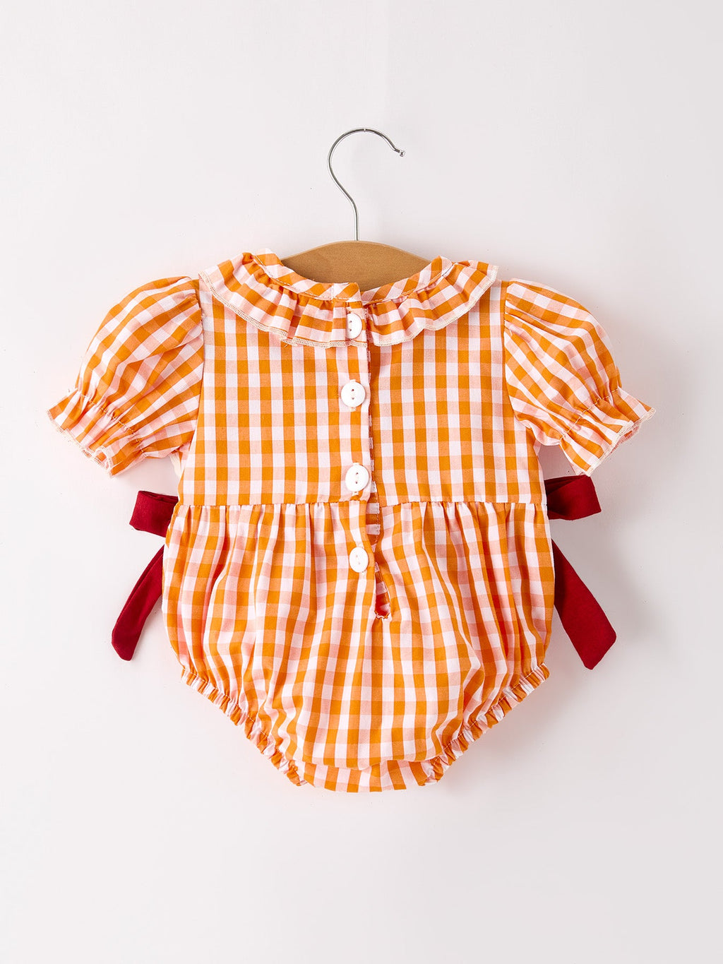 Turkey Fall Embroidered Romper for Baby Girls – Orange Checkered with Thanksgiving Details