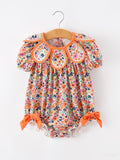 Orange Floral Bow Petals Collar Girls Romper