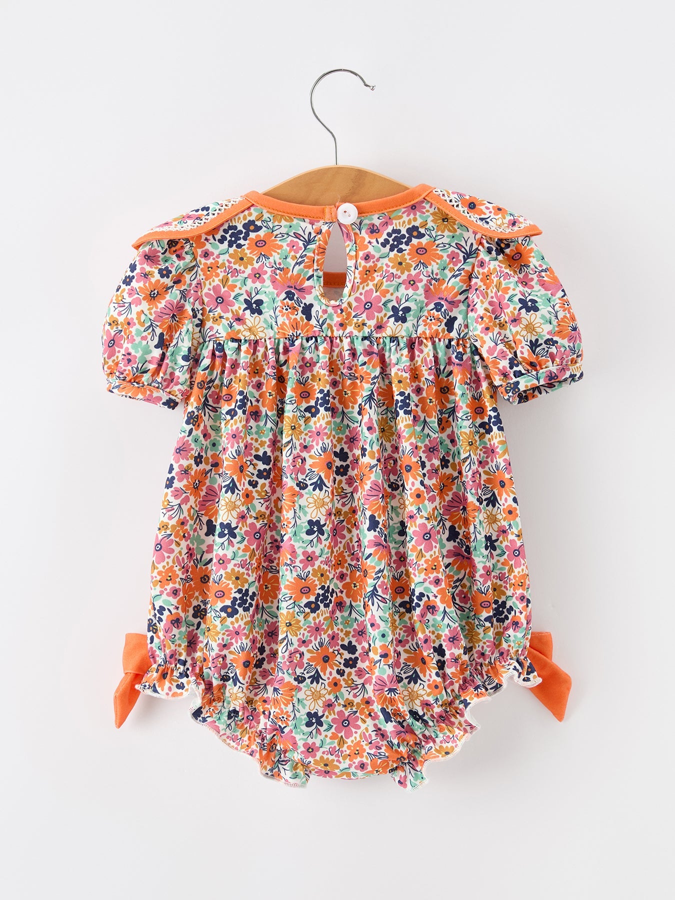Orange Floral Bow Petals Collar Girls Romper