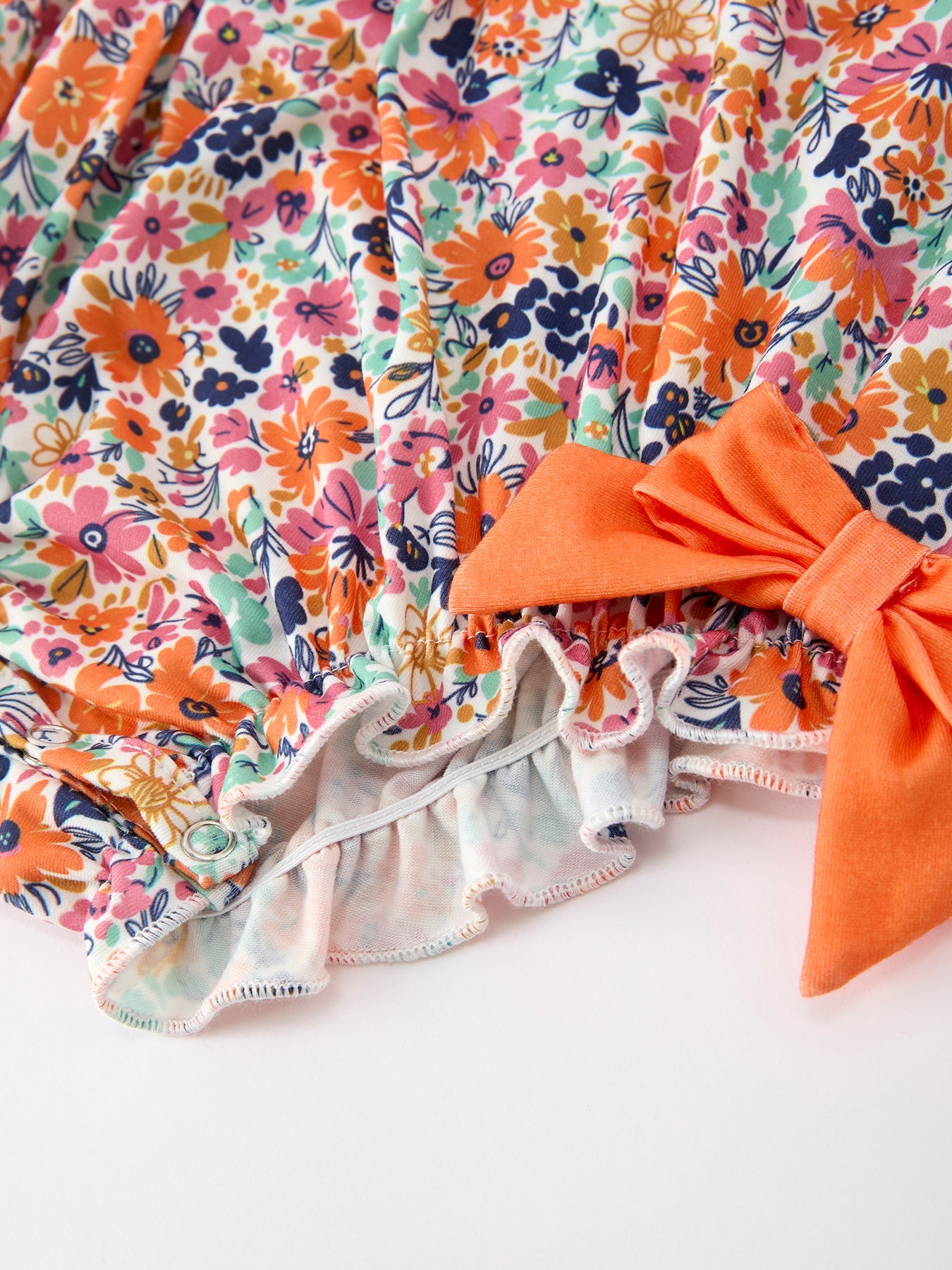 Orange Floral Bow Petals Collar Girls Romper