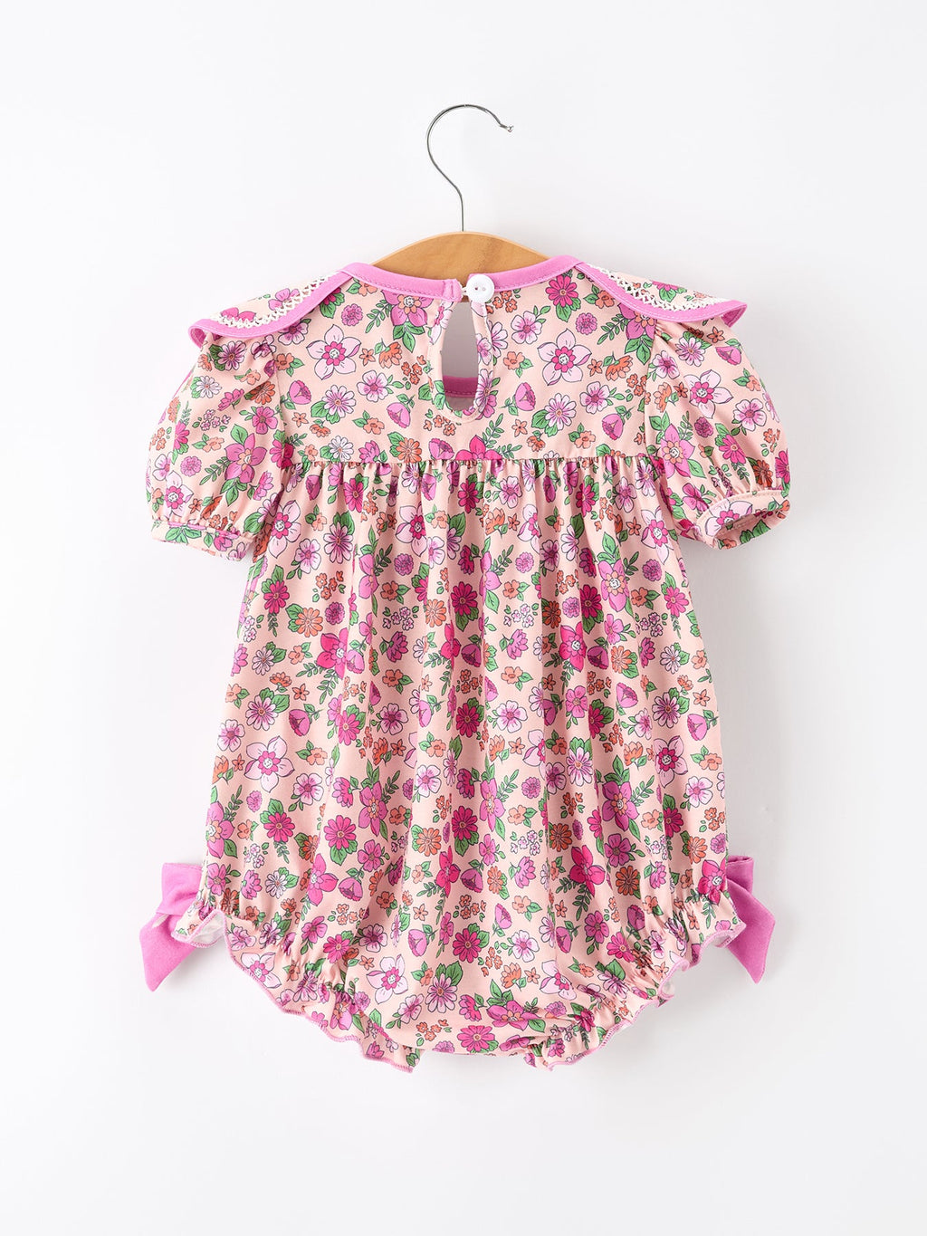 Pink Floral Bow Petals Collar Girls Romper