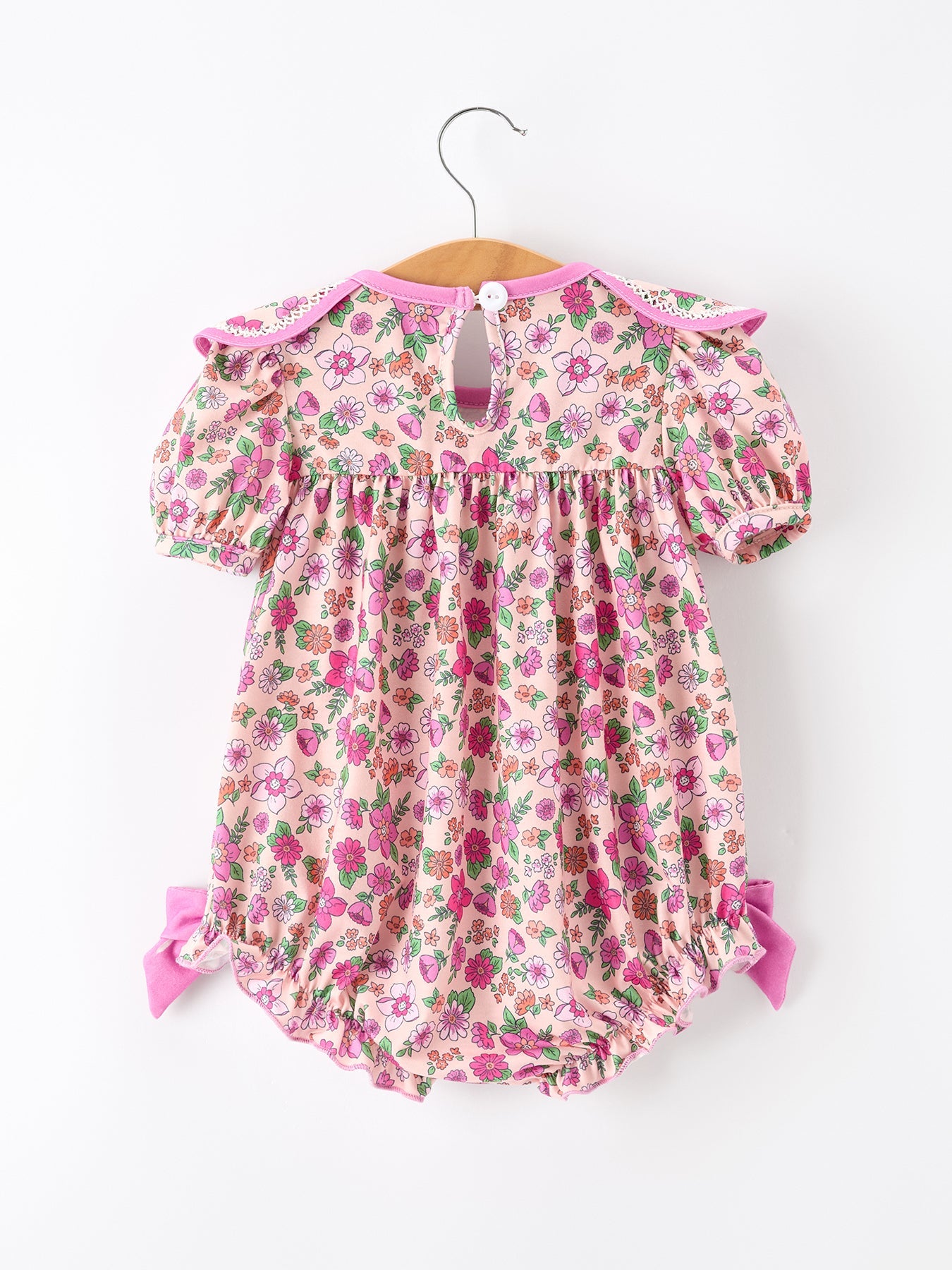 Pink Floral Bow Petals Collar Girls Romper