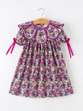 Purple Floral Bow Petals Collar Girls Dress