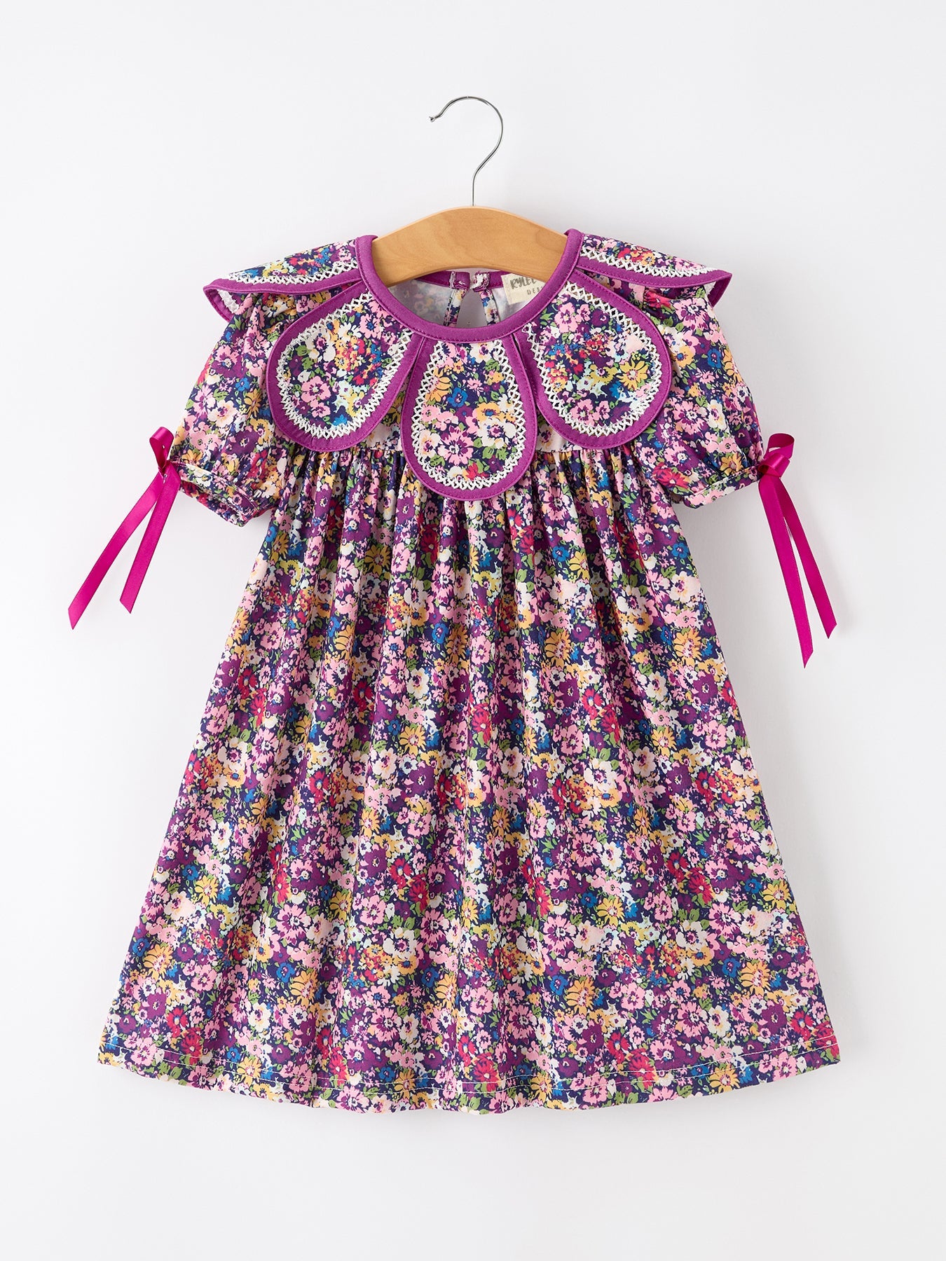 Purple Floral Bow Petals Collar Girls Dress