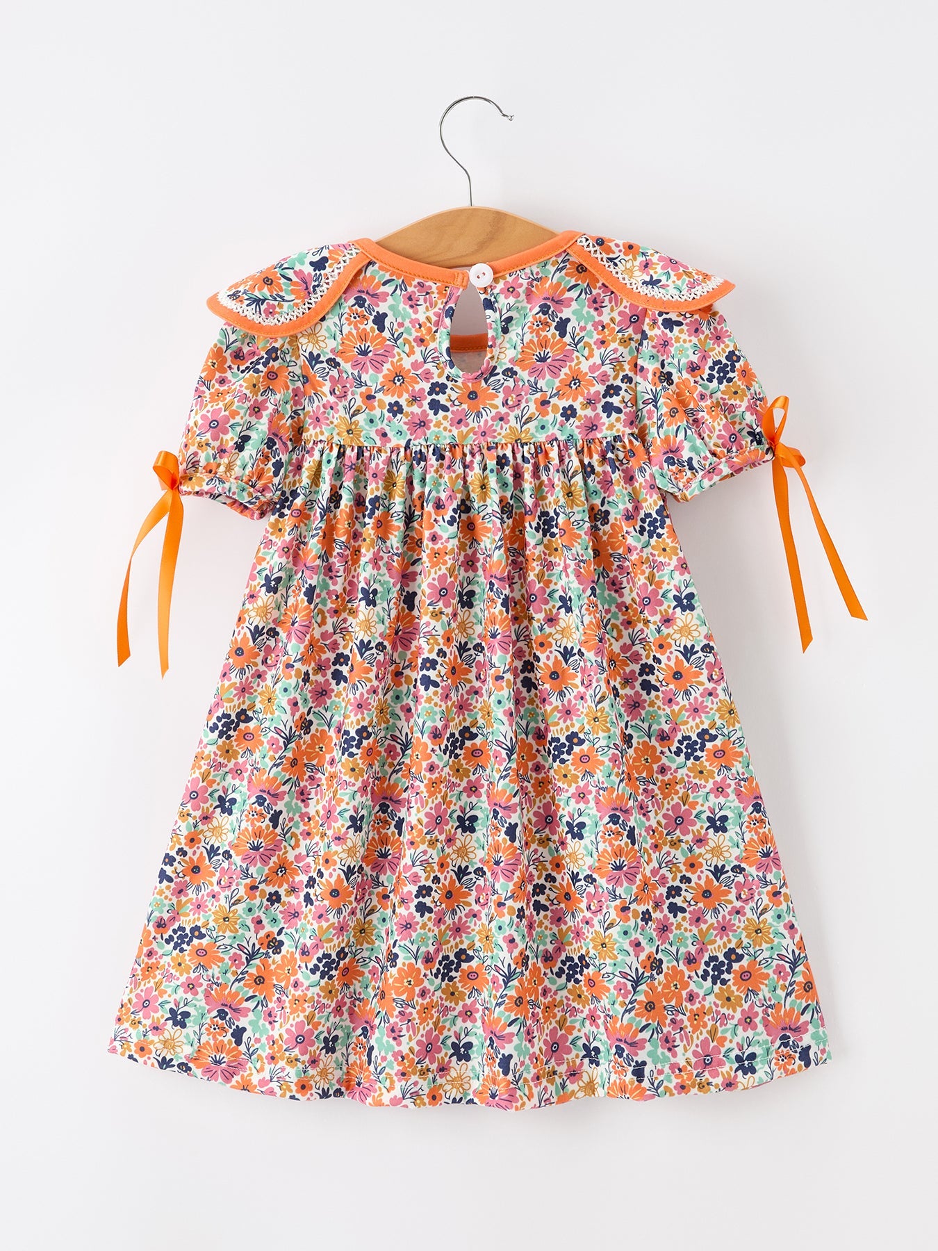 Orange Floral Bow Petals Collar Girls Dress