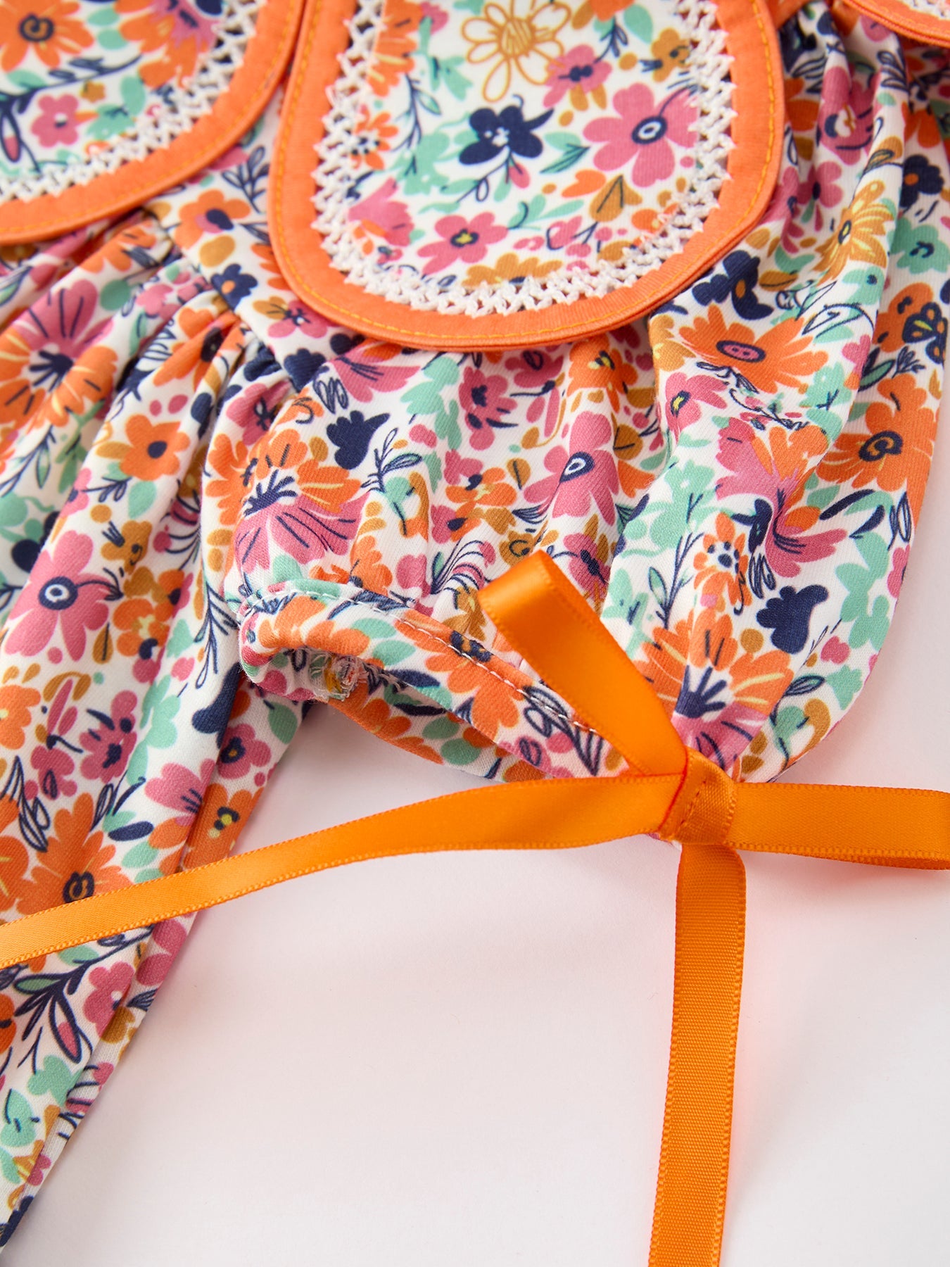 Orange Floral Bow Petals Collar Girls Dress