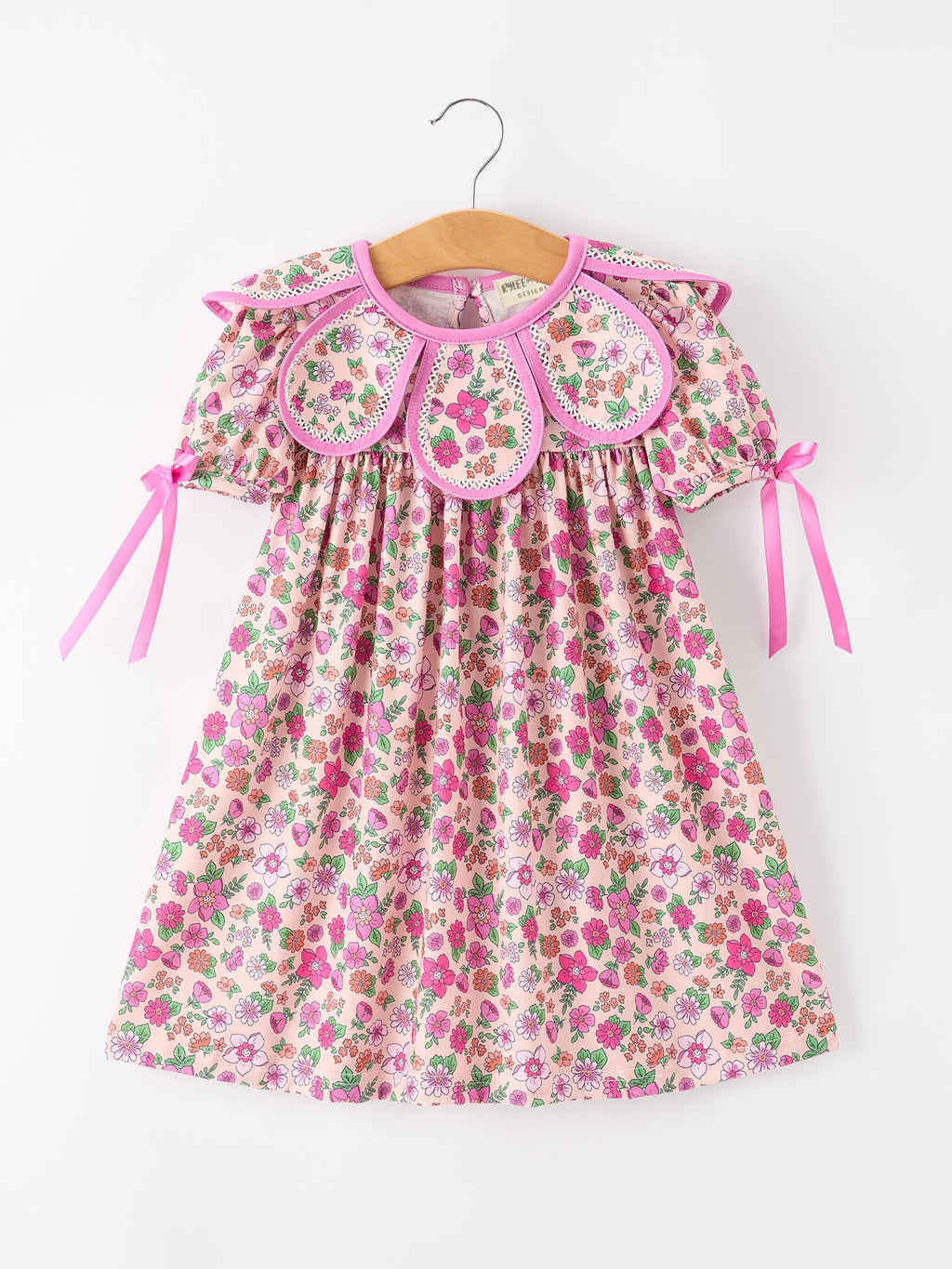 Pink Floral Bow Petals Collar Girls Dress